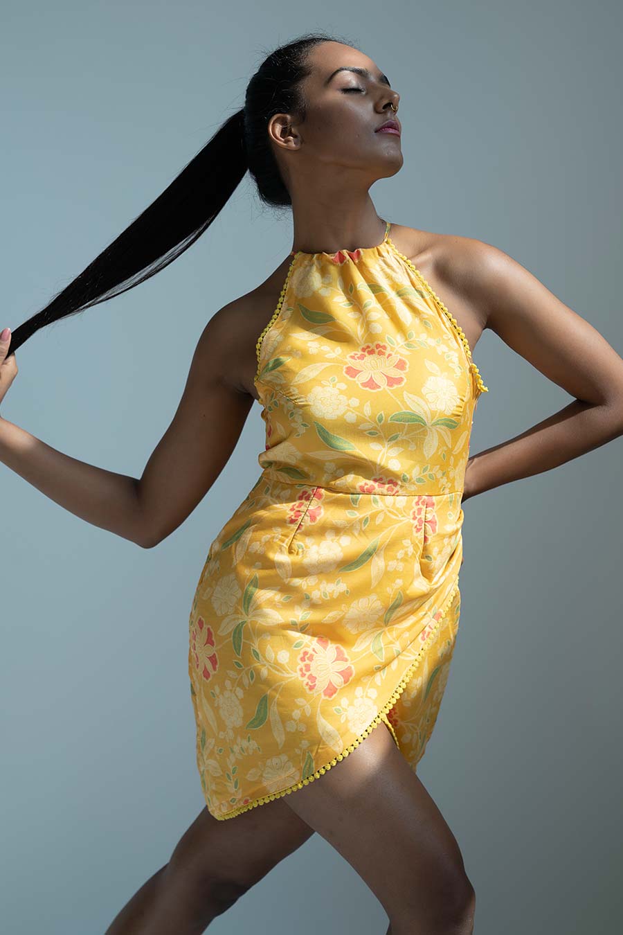 Yellow Floral Printed Tulip Dress