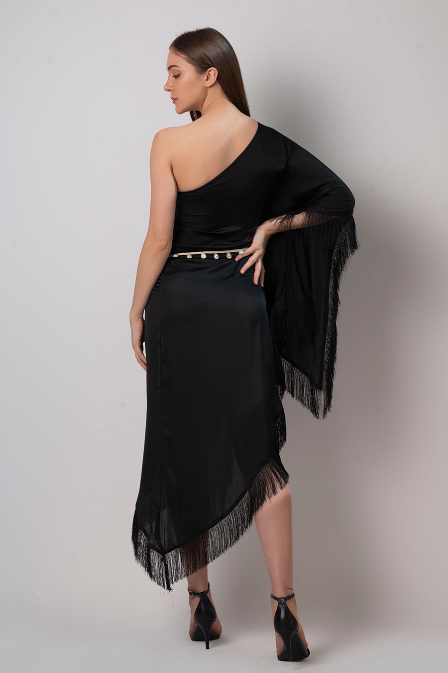 Black One-Shoulder Kaftan Dress