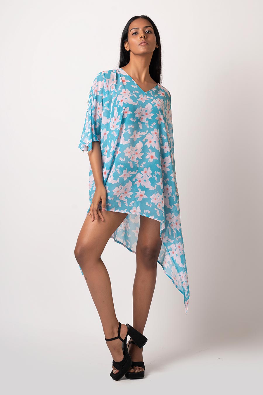 Blue Asymmetric Floral Printed Dress