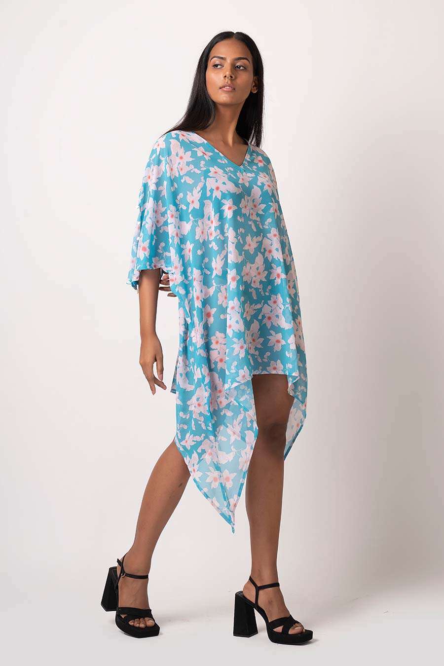 Blue Asymmetric Floral Printed Dress