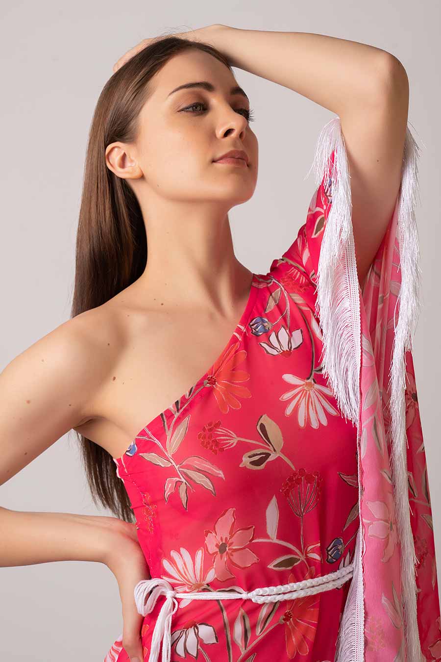 Pink One-Shoulder Printed Dress