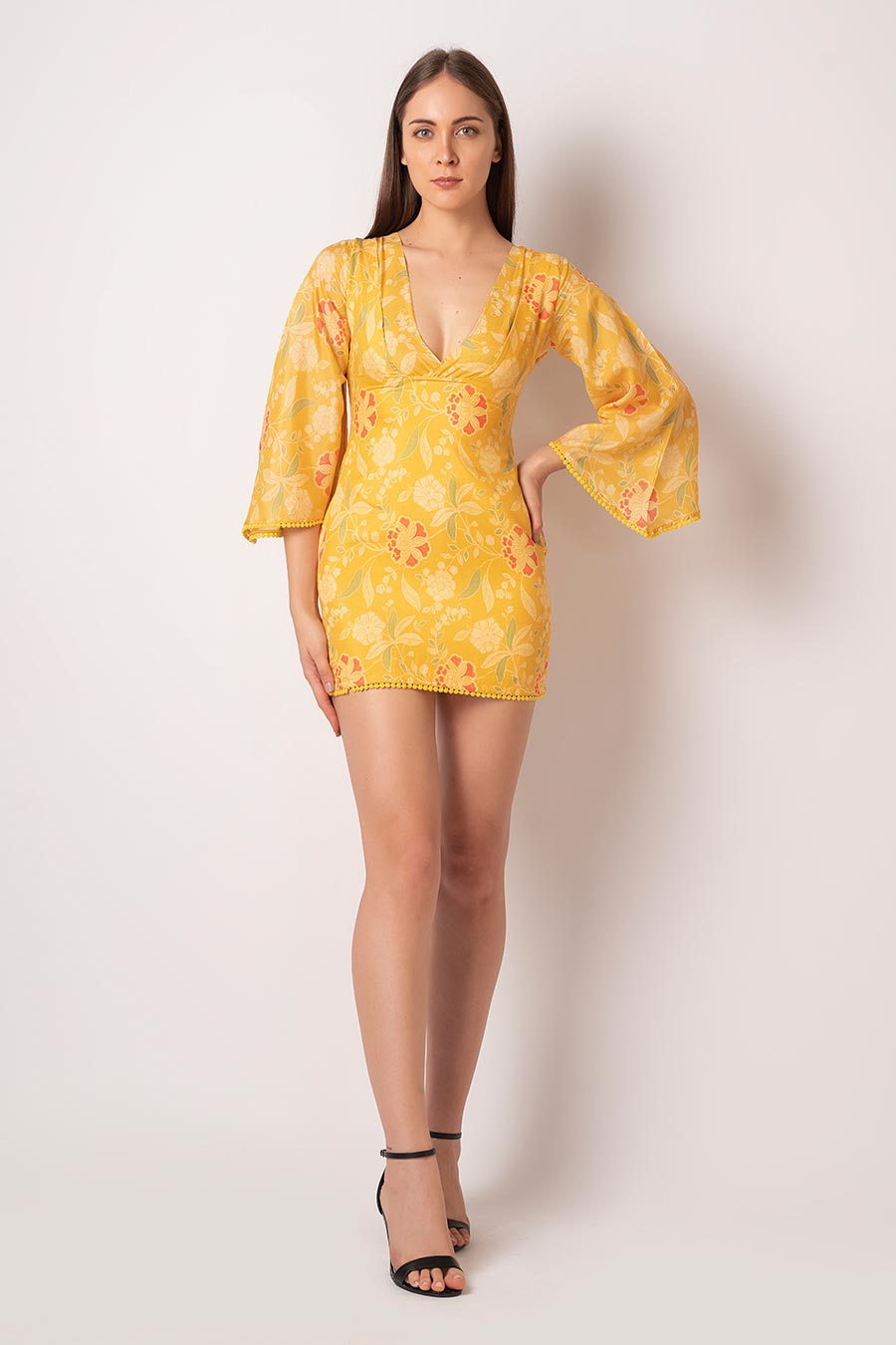 Yellow Floral Printed Short Dress