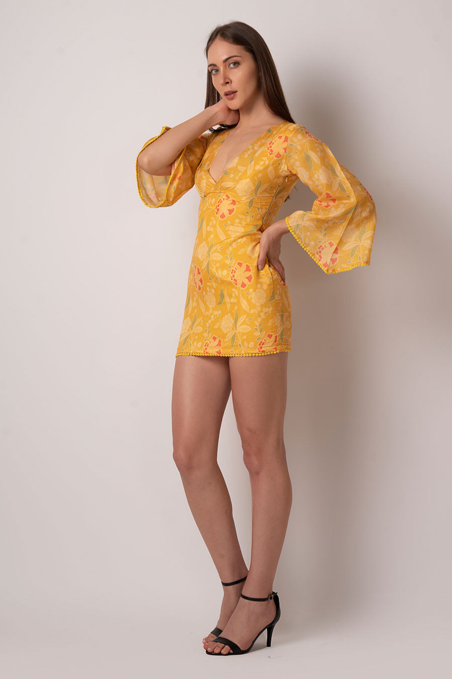 Yellow Floral Printed Short Dress
