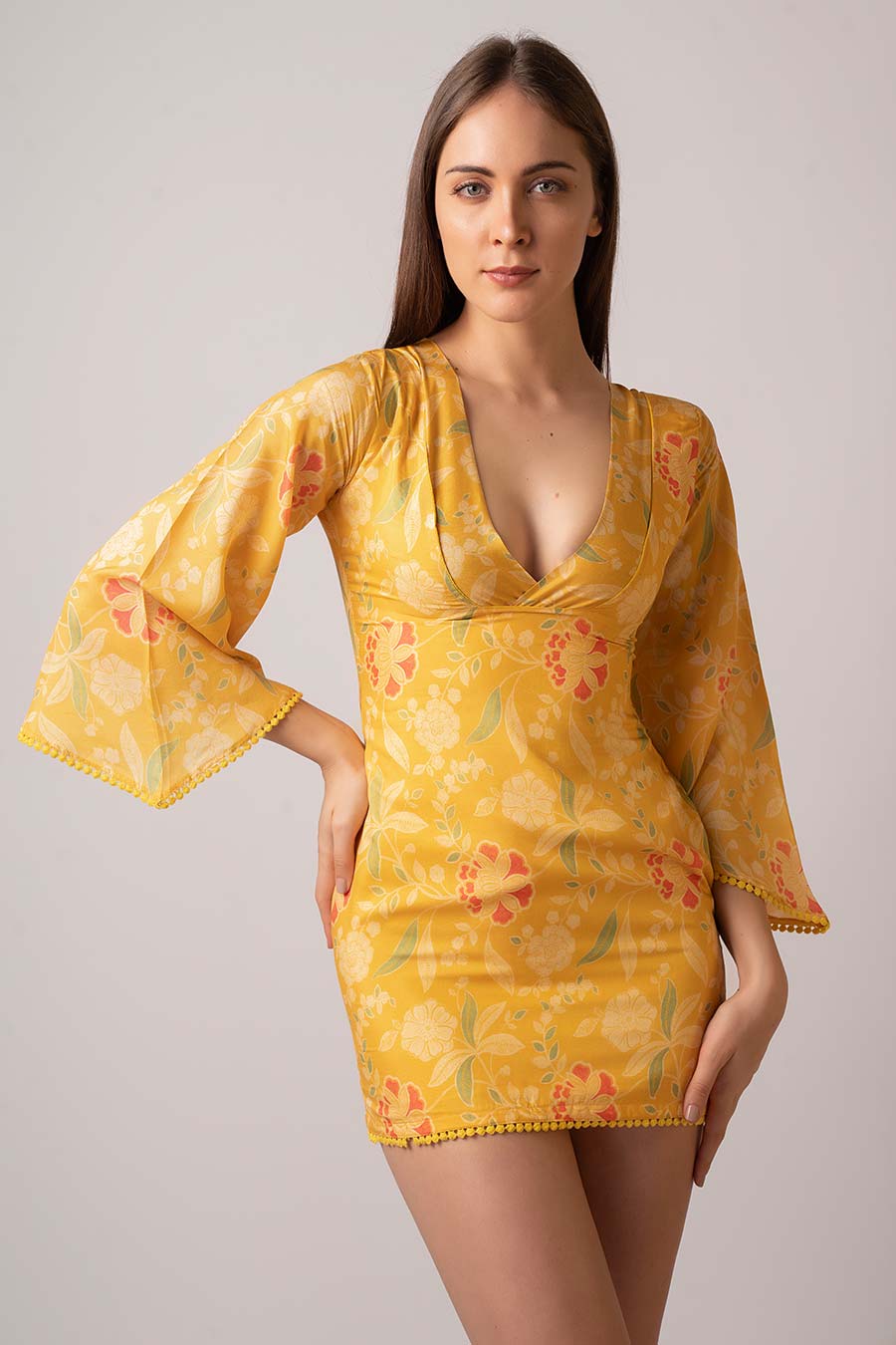 Yellow Floral Printed Short Dress