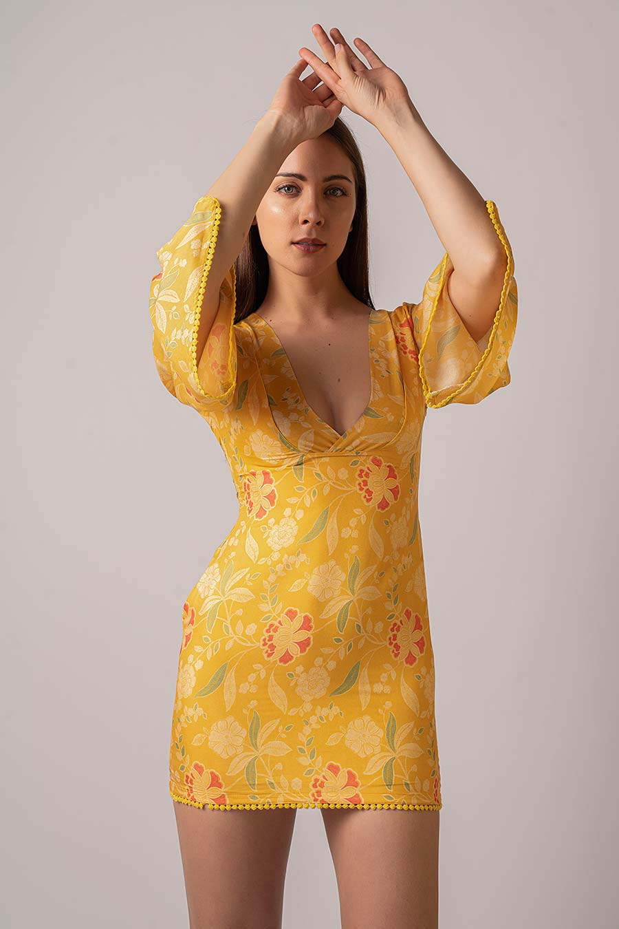 Yellow Floral Printed Short Dress