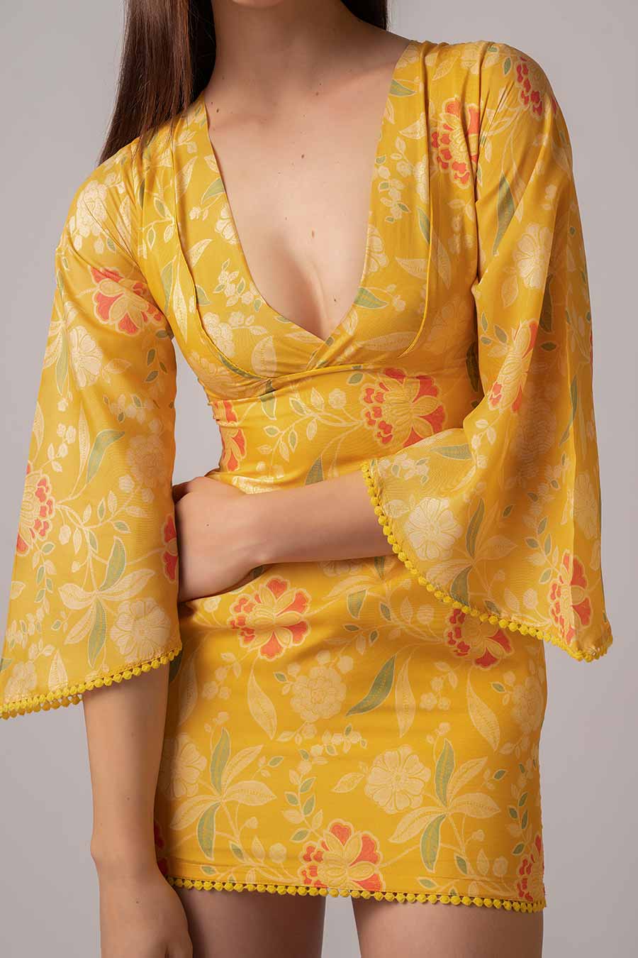 Yellow Floral Printed Short Dress