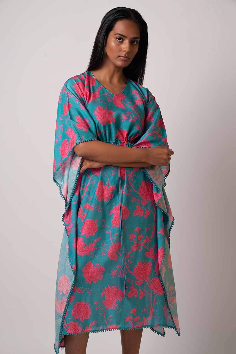 Blue Floral Printed Kaftan Dress