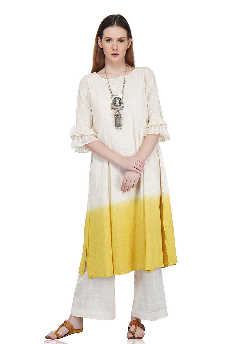 Yellow Dip Dyed Ecru A-Line Kurta