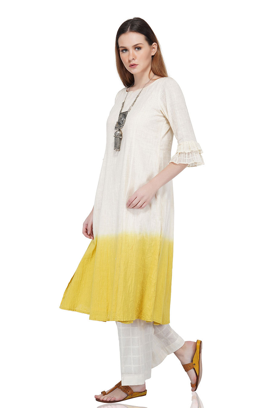 Yellow Dip Dyed Ecru A-Line Kurta