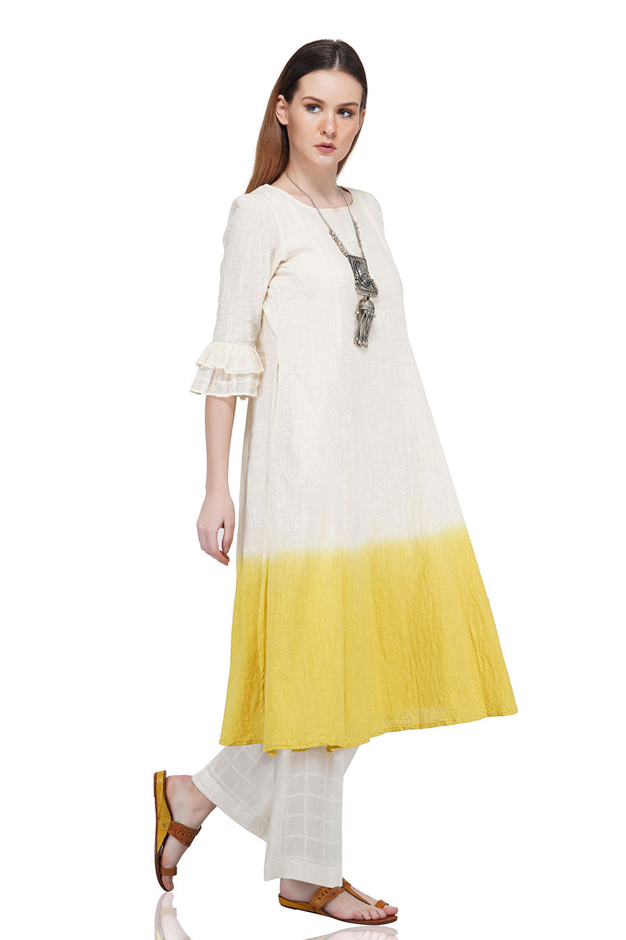 Yellow Dip Dyed Ecru A-Line Kurta
