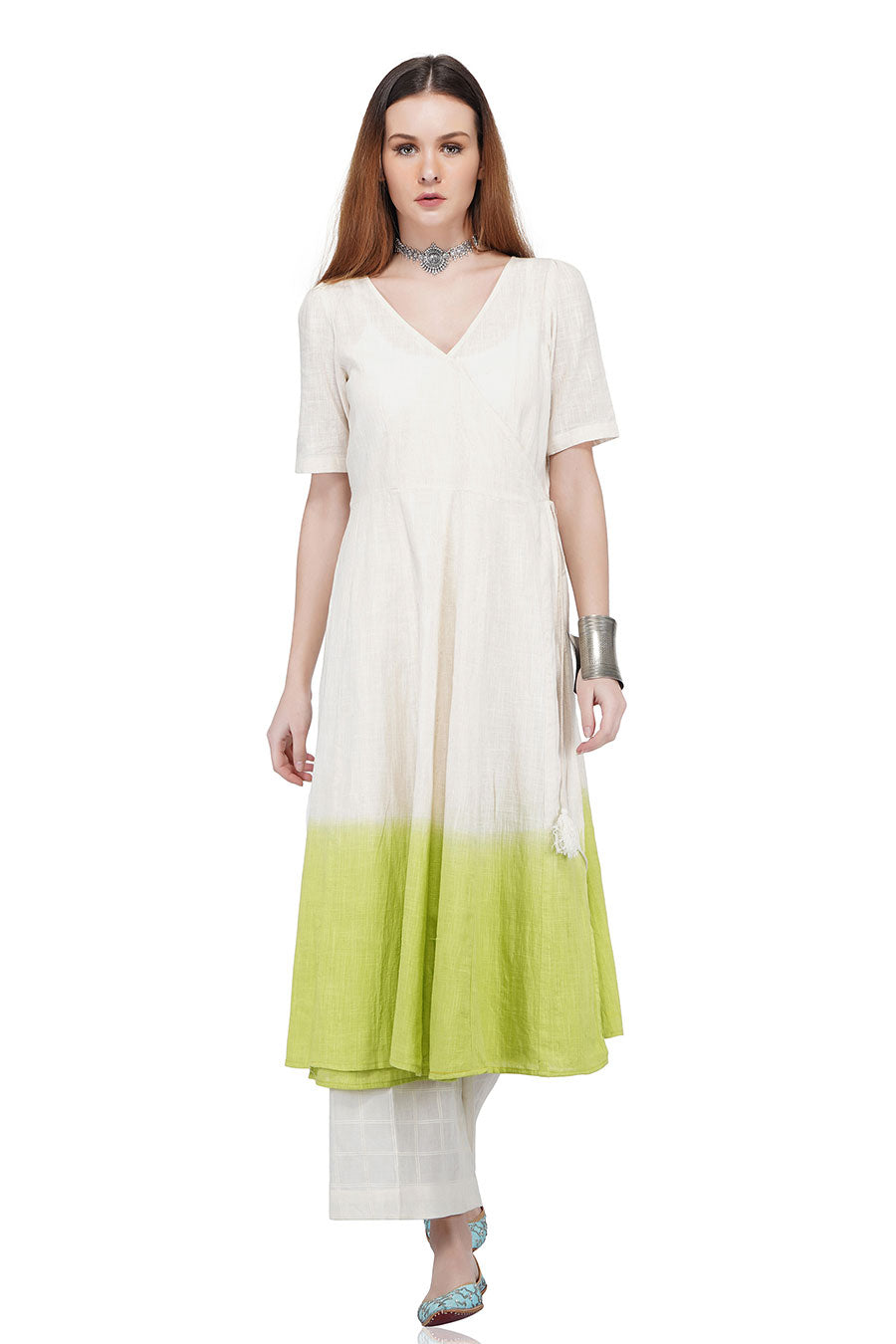 Ecru Cotton Linen Angrakha Kurta