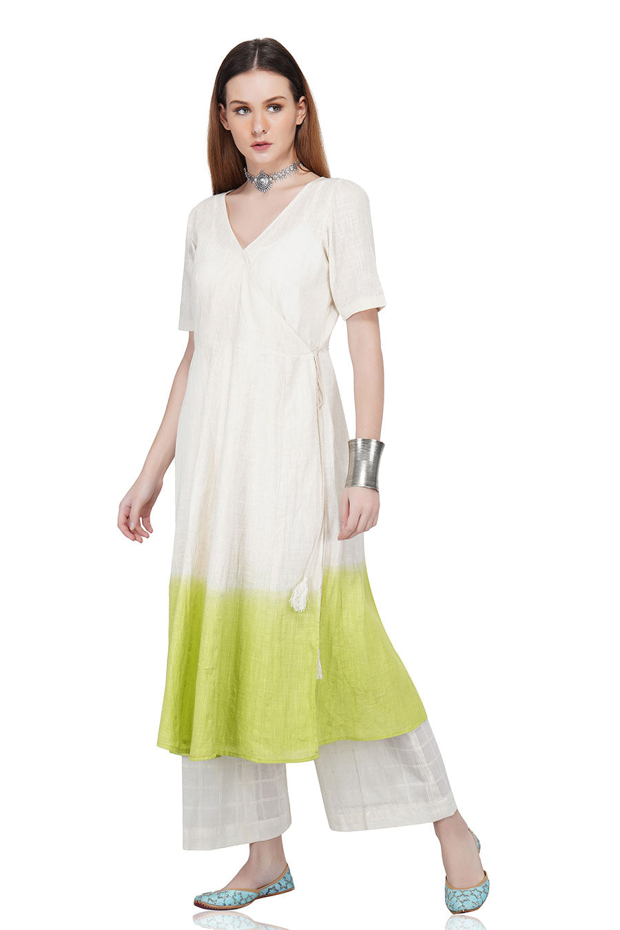 Ecru Cotton Linen Angrakha Kurta