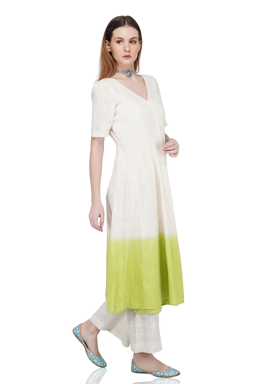Ecru Cotton Linen Angrakha Kurta