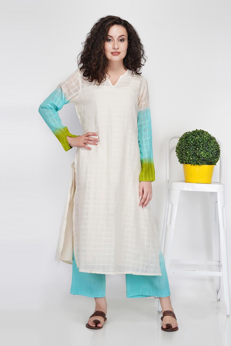 Sheer Check Cotton Kurta With Slip