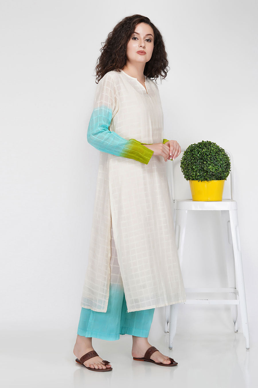 Sheer Check Cotton Kurta With Slip