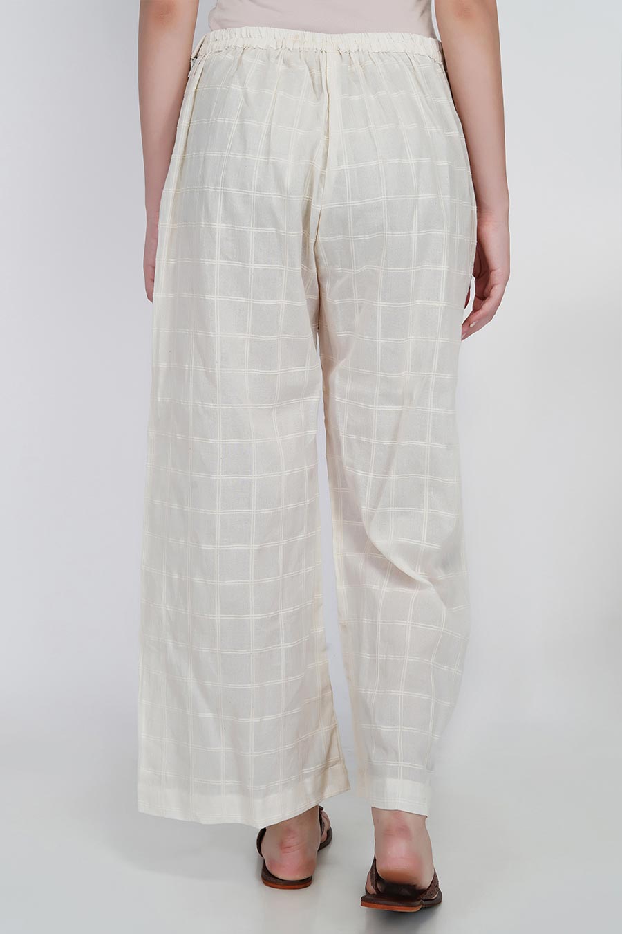 Ecru Checkered Wide Cotton Pants