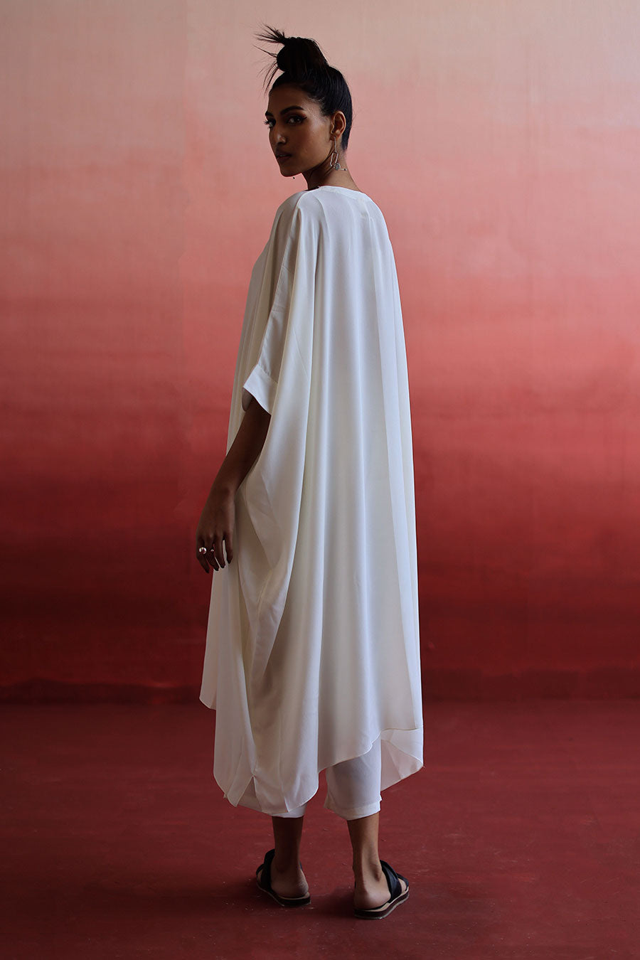 White Embroidered Long Kaftan & Pant Set
