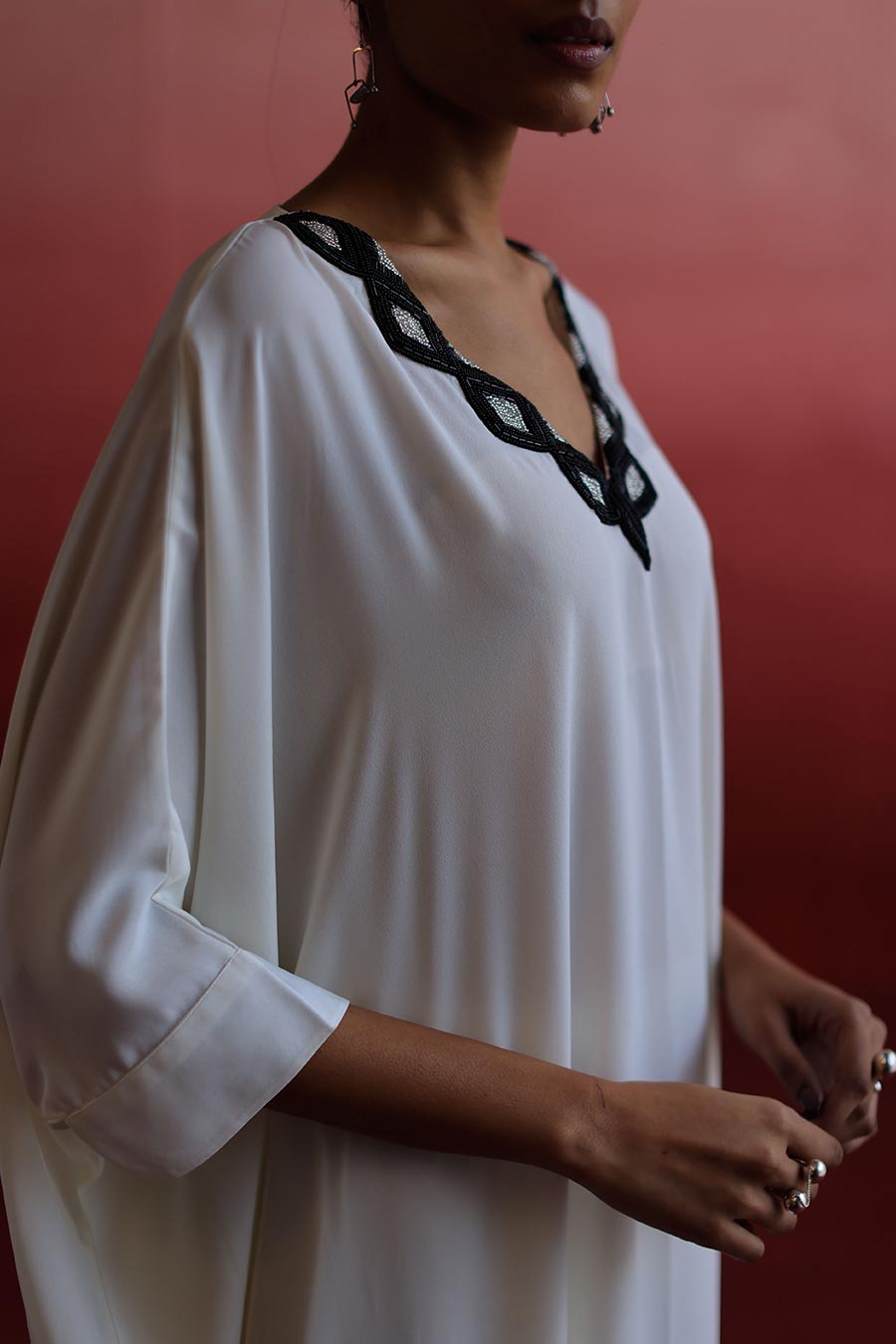 White Embroidered Long Kaftan & Pant Set