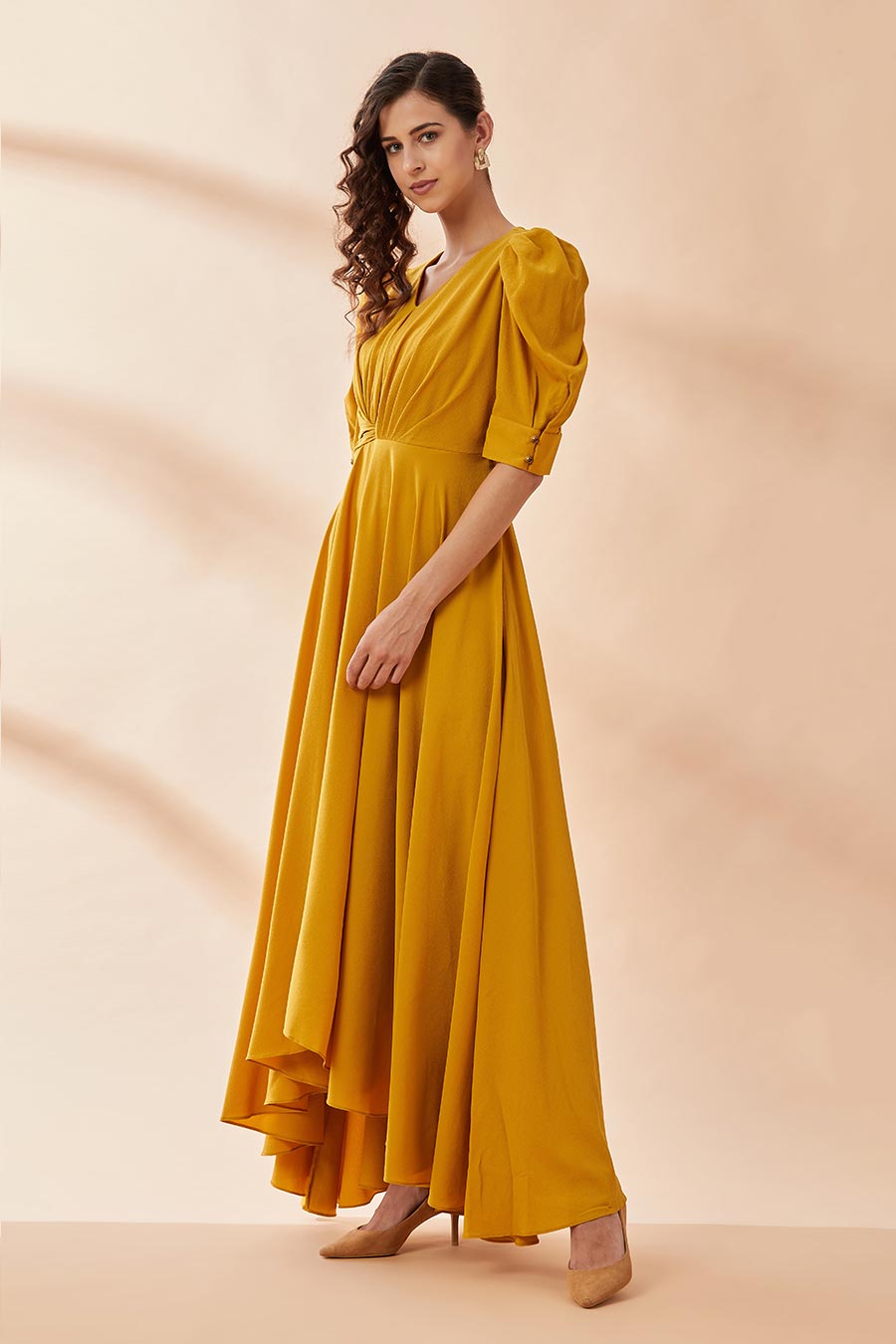 Yellow Diwali Gown Dress with Embroidered Net - GW0368