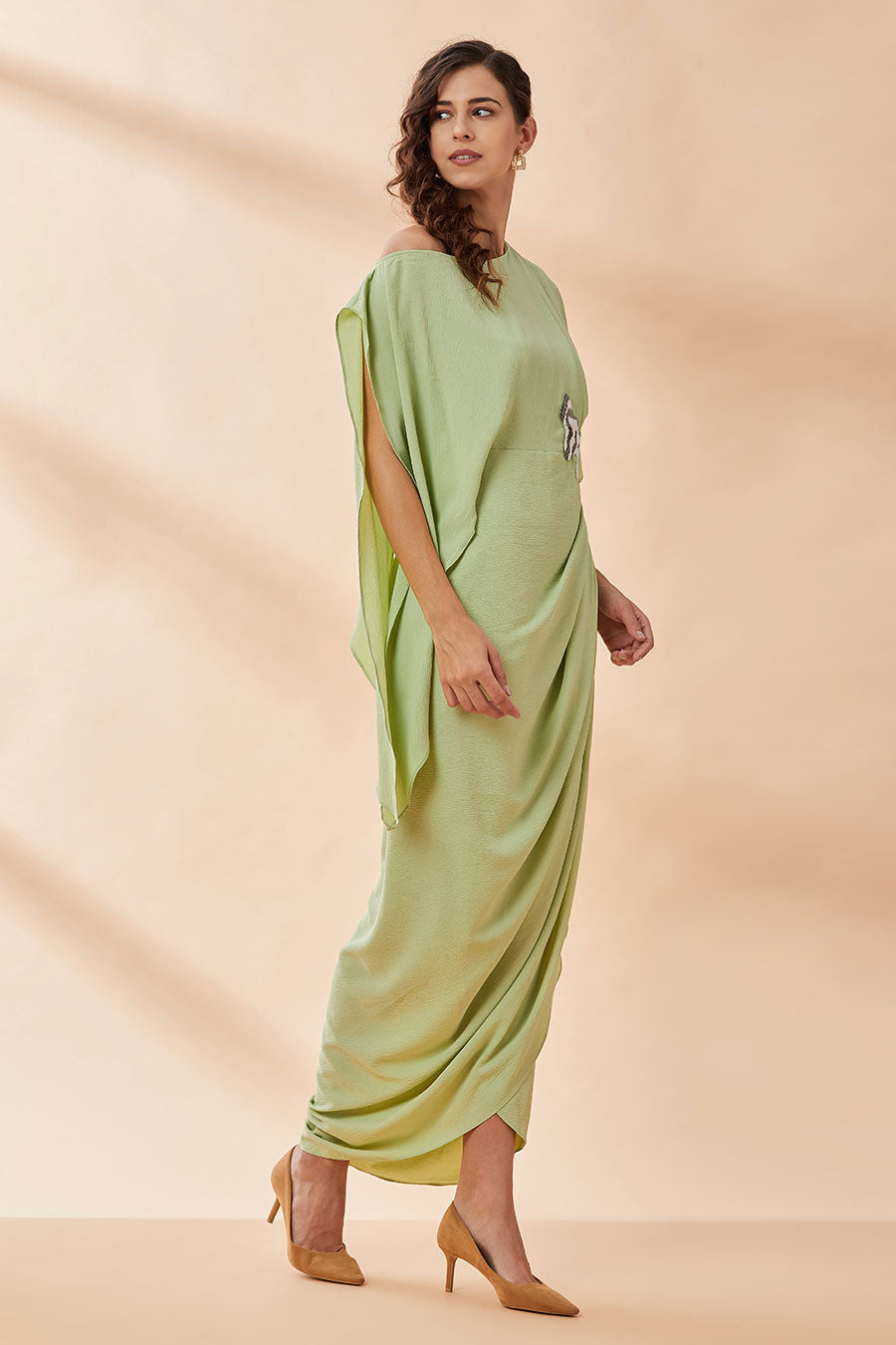 Lime Green Embroidered Drape Dress