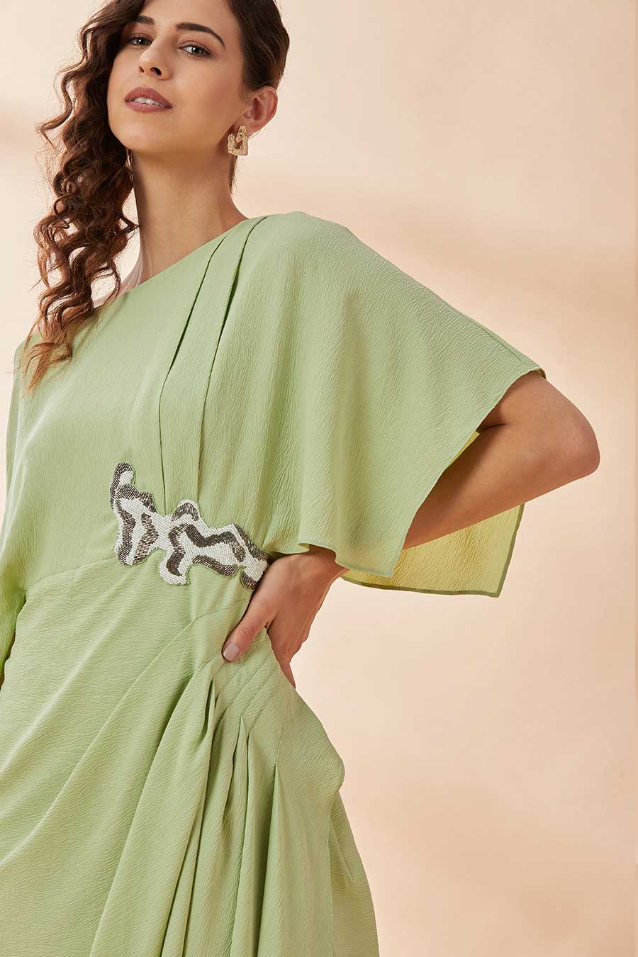 Lime Green Embroidered Drape Dress