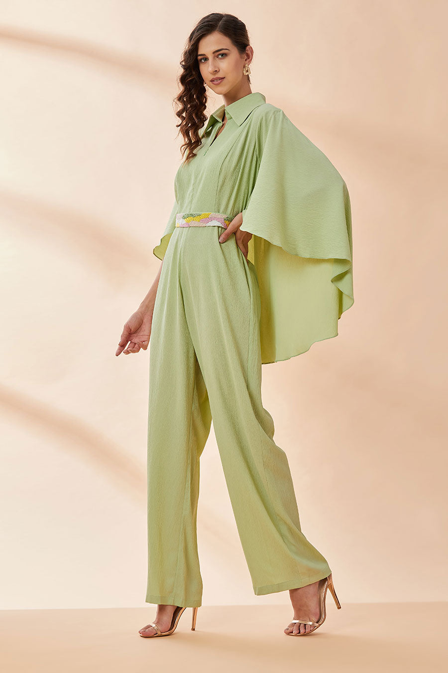 Lime Green Cape Jumpsuit With Belt