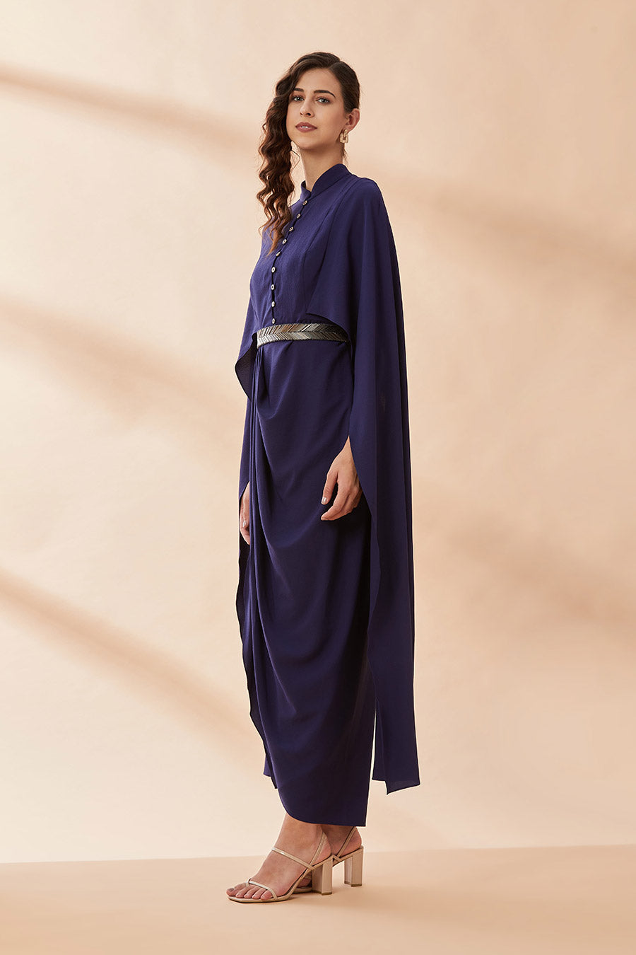 Navy Armour Drape Dress With Belt