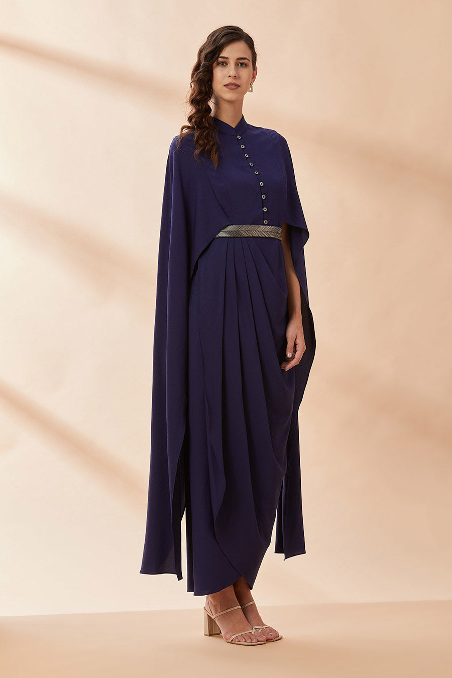 Navy Armour Drape Dress With Belt