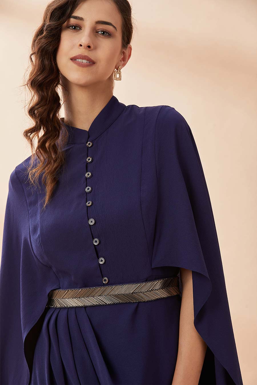 Navy Armour Drape Dress With Belt