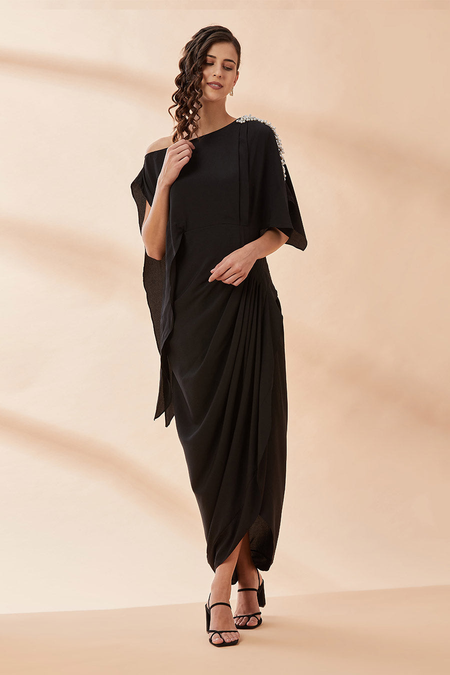 Black Pearl One-Shoulder Drape Dress