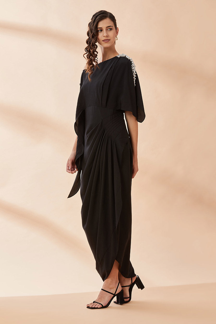 Black Pearl One-Shoulder Drape Dress