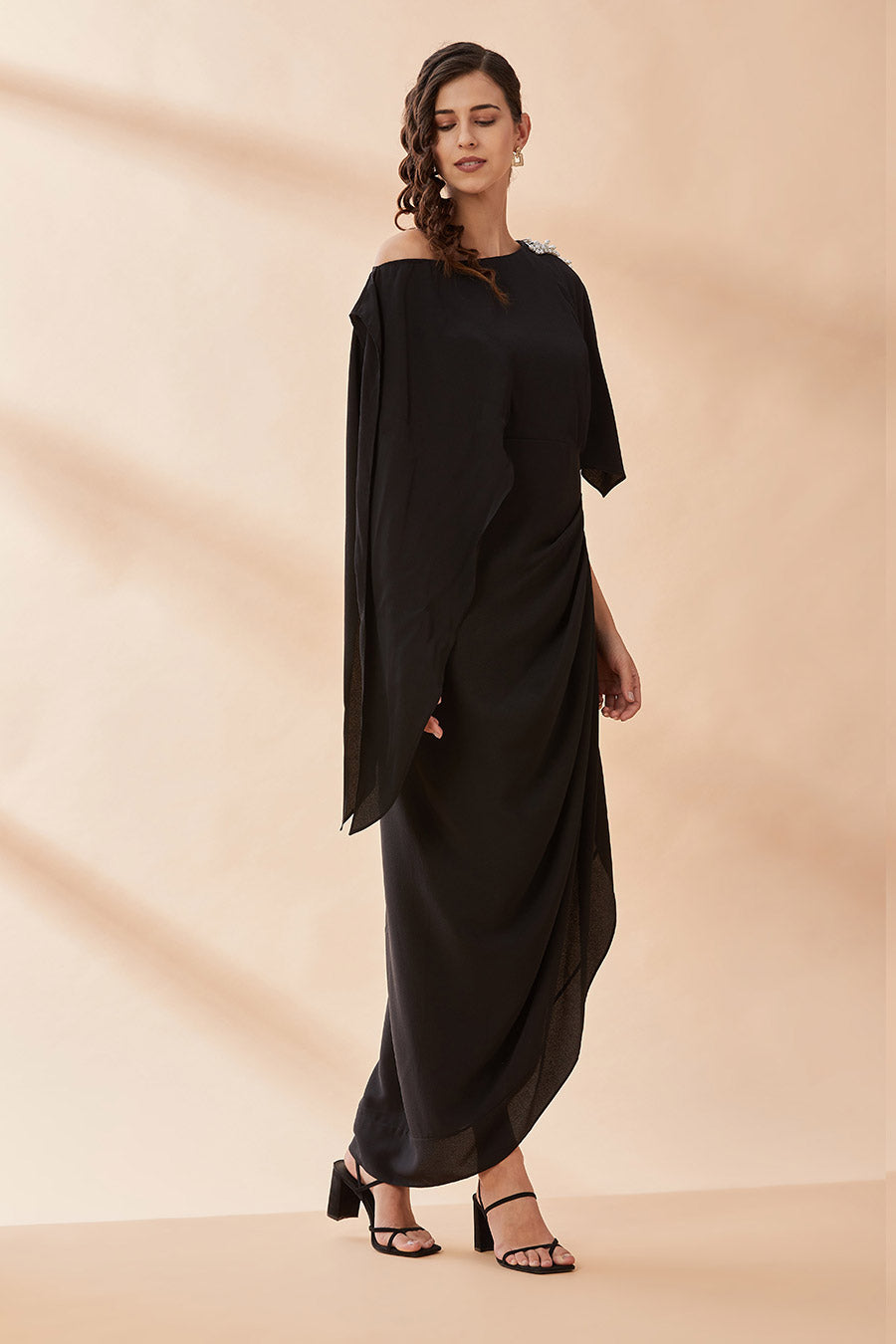Black Pearl One-Shoulder Drape Dress