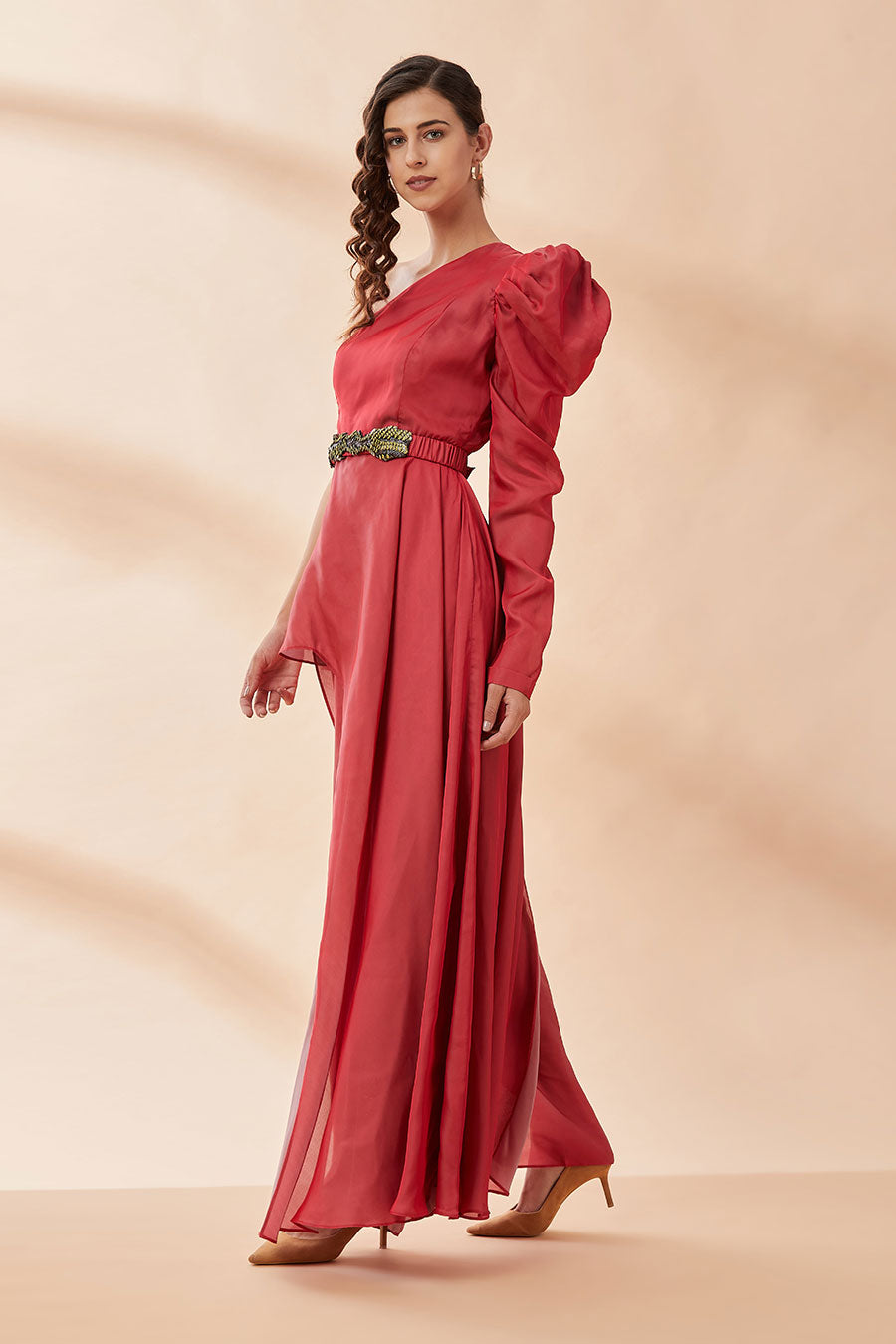 Red Asymmetric Co-Ord Set With Belt