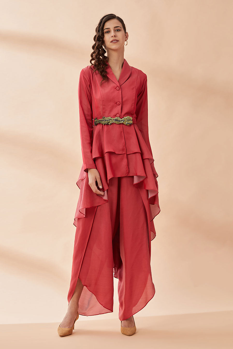 Red Layered Co-Ord Set With Belt