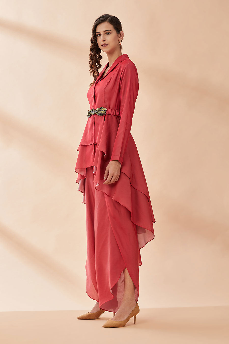 Red Layered Co-Ord Set With Belt