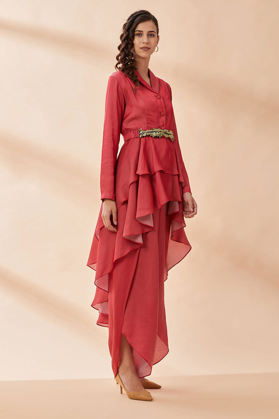 Red Layered Co-Ord Set With Belt