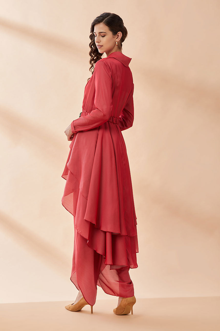 Red Layered Co-Ord Set With Belt