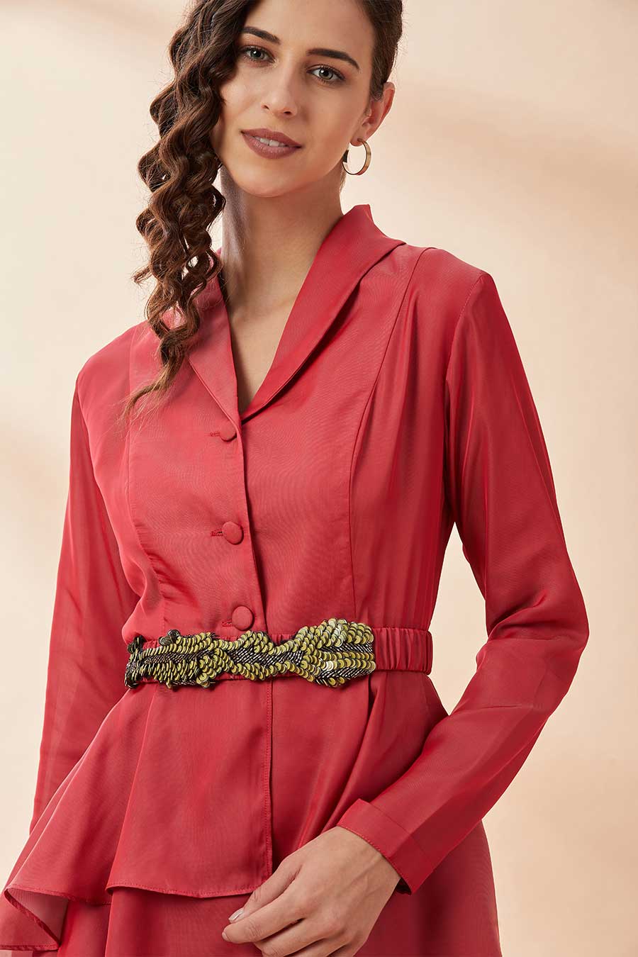 Red Layered Co-Ord Set With Belt