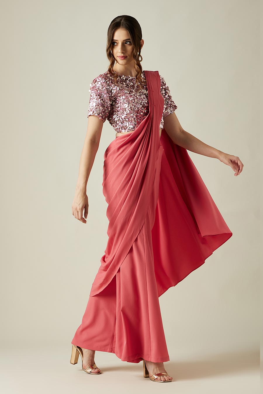 Pink Crystal Palazzo Saree & Blouse Set