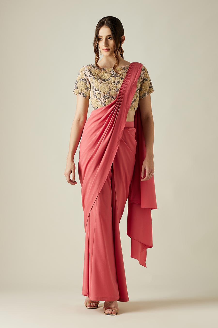 Pink Crystal Palazzo Saree & Garden Blouse Set