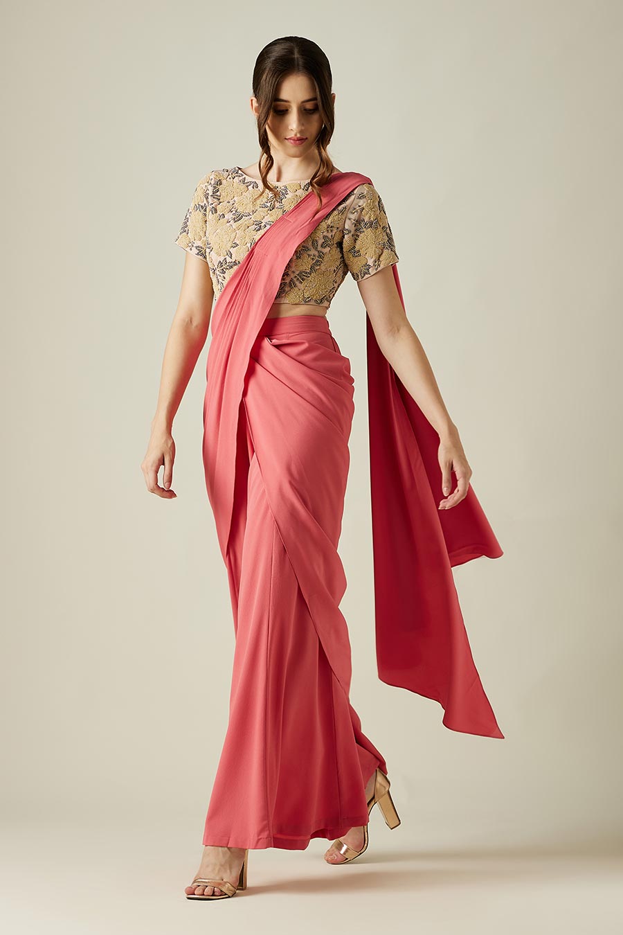 Pink Crystal Palazzo Saree & Garden Blouse Set