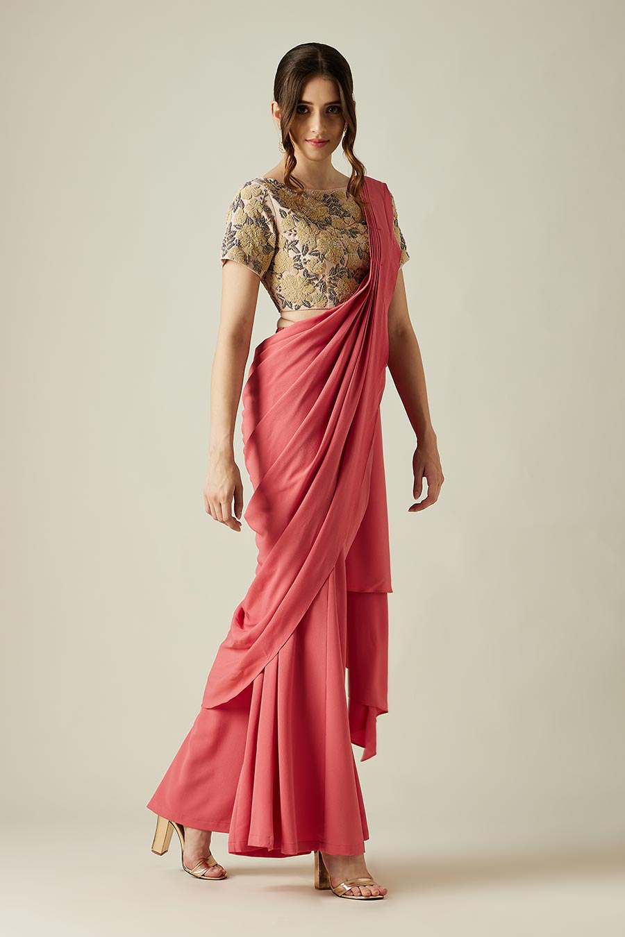 Pink Crystal Palazzo Saree & Garden Blouse Set