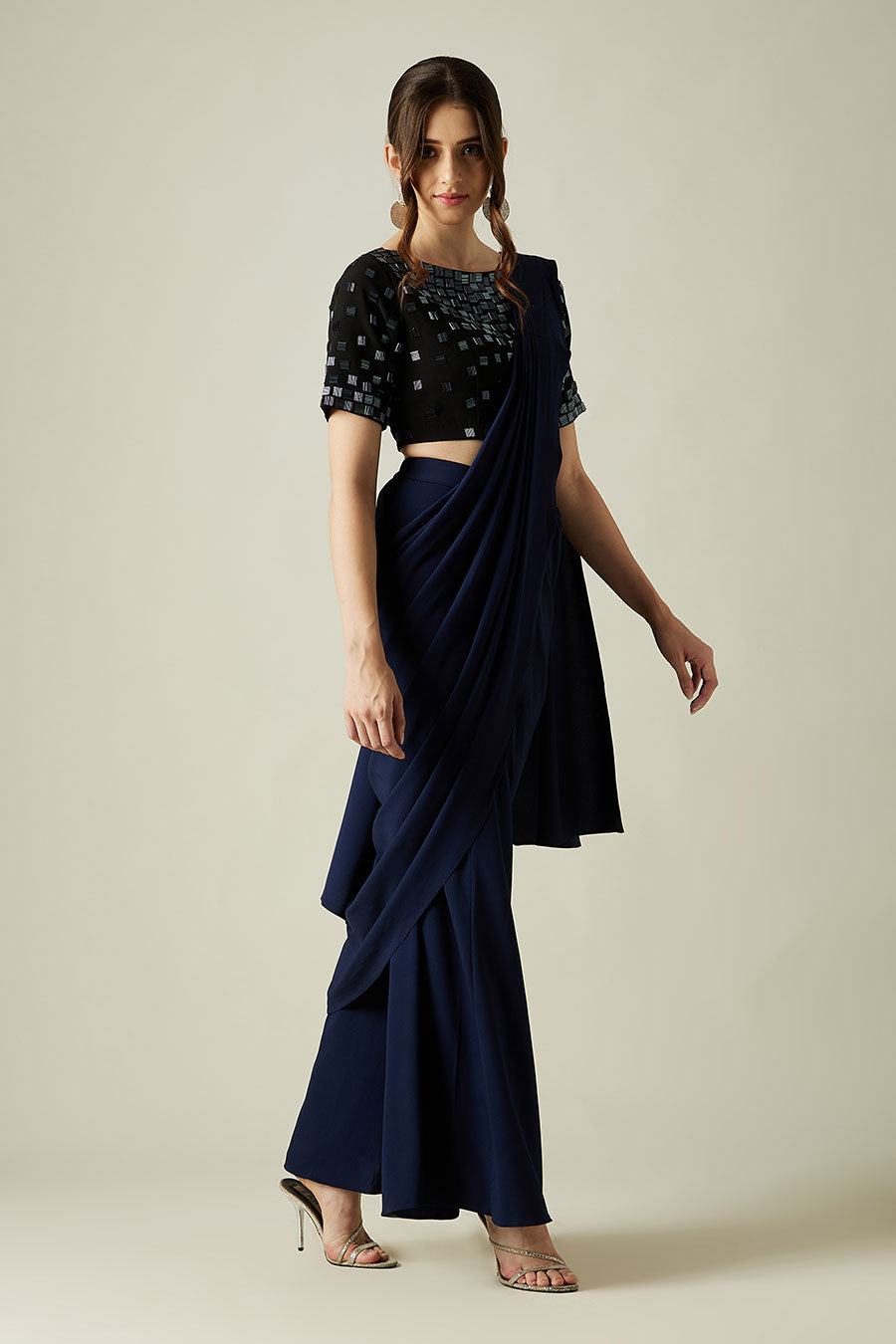 Midnight Blue Palazzo Saree & Metallic Blouse Set