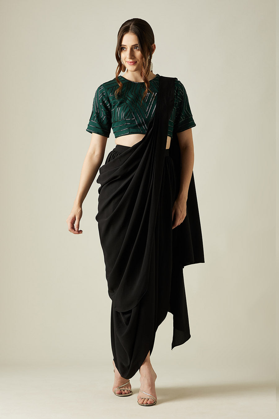 Black Cowl Saree & Emerald Blouse Set