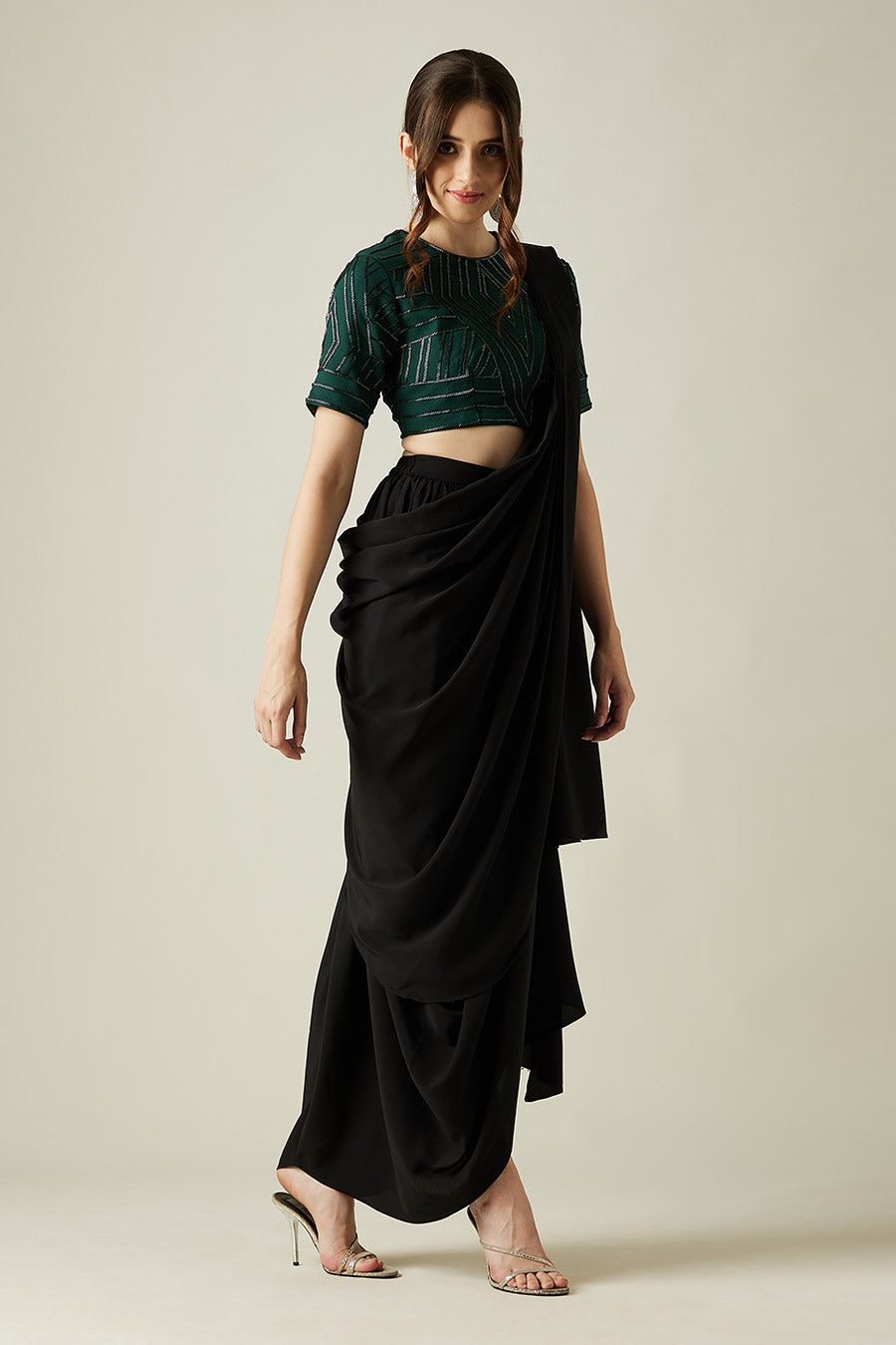 Black Cowl Saree & Emerald Blouse Set