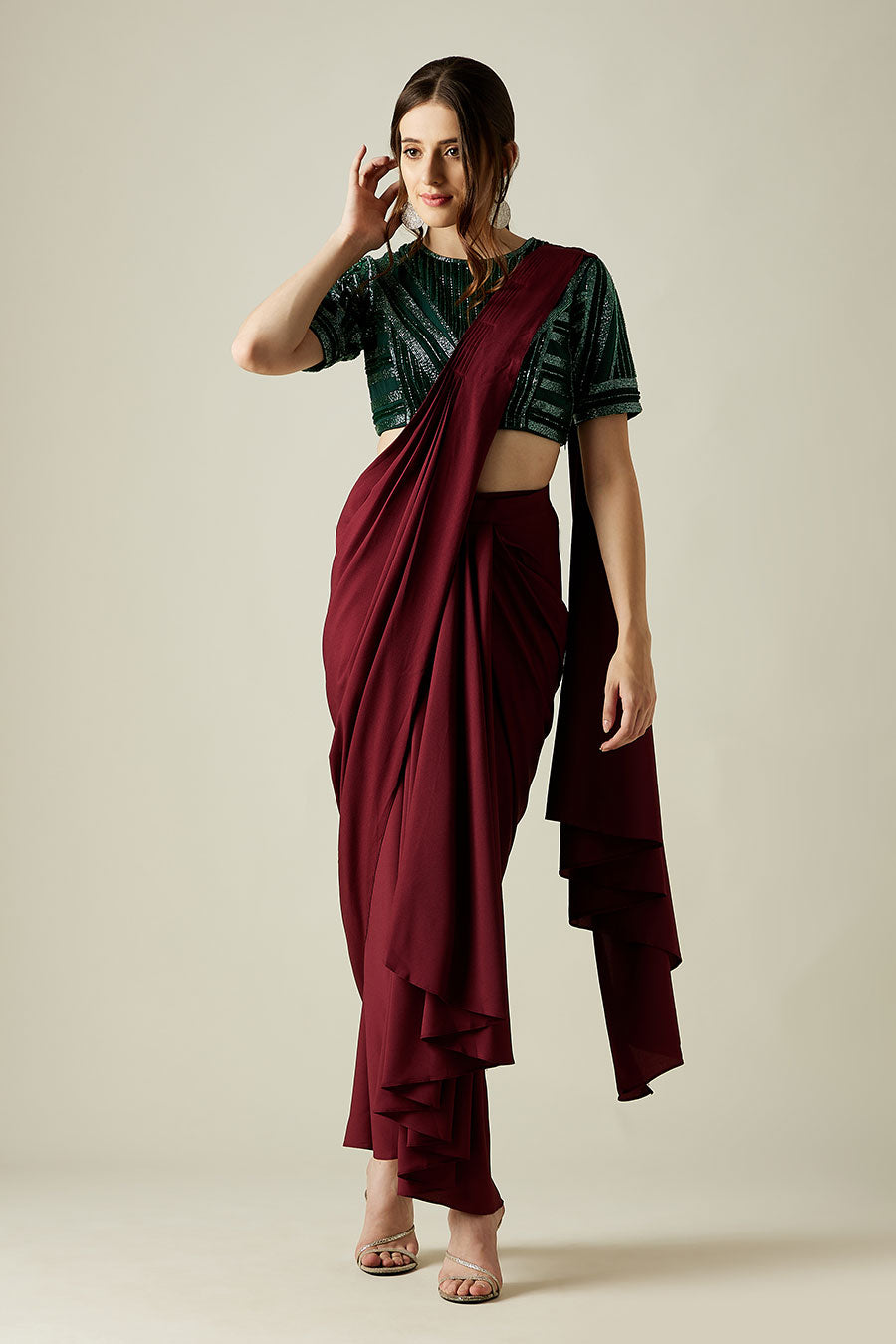 Wine Drape Saree & Emerald Blouse Set