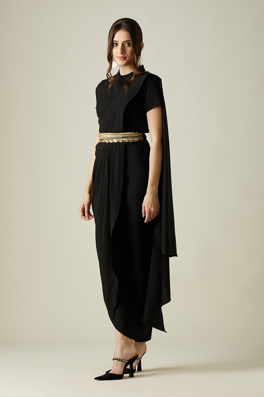 Black Saree Dress With Molten Gold Belt