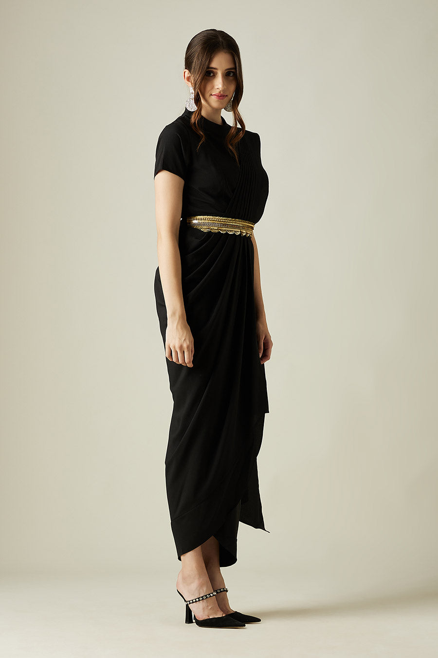 Shop Black Saree Dress With Molten Gold Belt by AAKAAR at House of