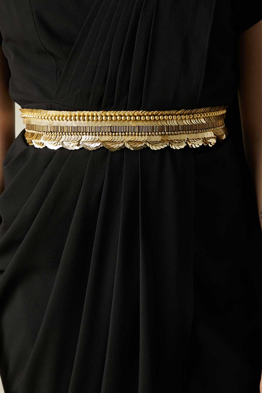Black Saree Dress With Molten Gold Belt