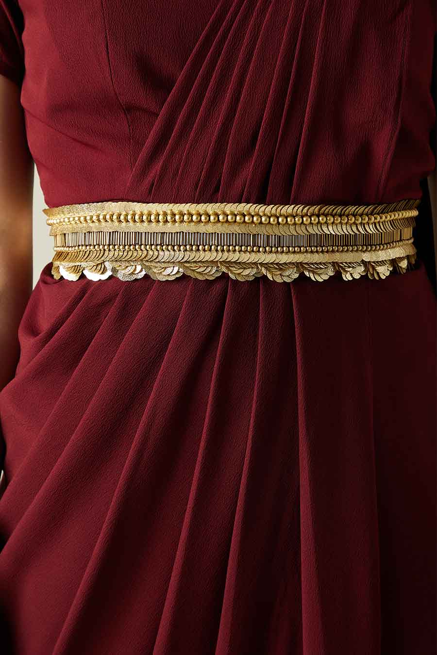Wine Saree Dress With Molten Gold Belt